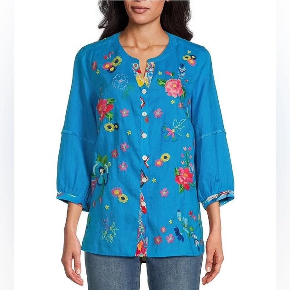 John Mark Floral Embroidered Teal Round Neck 3/4 Sleeve Button-Front Tunic Sz XL